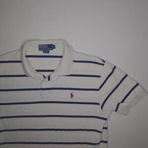 Polo Ralph Lauren Mens Collard Polo Shirt L 100% Cotton White Blue Striped Logo